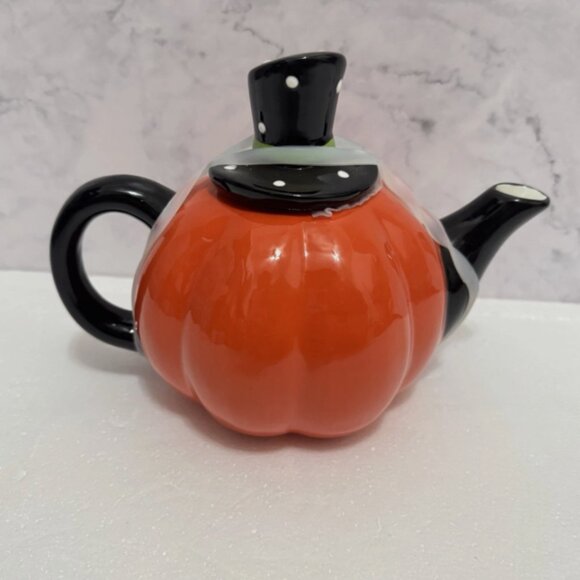 HALLOWEEN TEAPOT Pumpkin Jack O Lantern Ceramic Polka Dot Hat BRAND-NEW - Picture 5 of 9